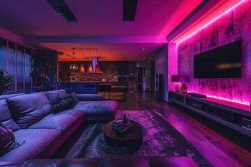 Home cinema, living room with colored LED lighting - Smart home. AI - obrazy, fototapety, plakaty
