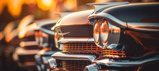 Poster Vintage car headlights illuminated with blurred bokeh effect of a stunning sunset in the background © Ilja