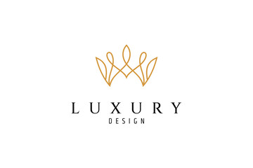 Elegant golden royal crown logo with luxury outline line art design style - obrazy, fototapety, plakaty