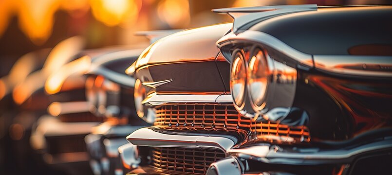 Fototapeta Vintage car headlights illuminated with blurred bokeh effect of a stunning sunset in the background