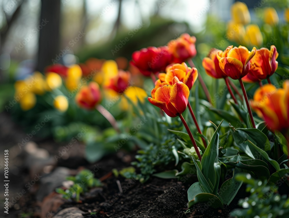 Canvas Prints Composition capturing the beauty of a well-tended garden in early March, showcasing blooming flowers and emerging greenery.