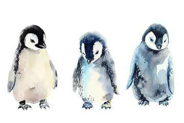 Fototapeta premium Simple watercolor sketch minimalist flat style of cute cartoon baby penguins, a print for nursery room, duotone with pastel colors and a white background