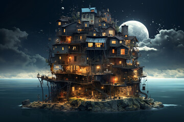 A whimsical multistory fantasy building on a little island in the ocean at night  - obrazy, fototapety, plakaty