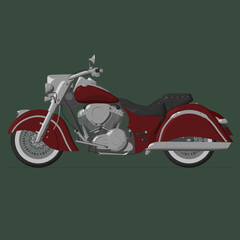 Czerwony zabytkowy luksusowy motocykl, ilustracja, zielone tło