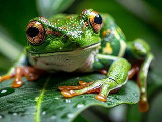 Fototapeta premium Detailed shot of a green tree frog perched on a leaf.