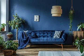 Interior of cozy modern living room with sofa against blank, dark blue wall.