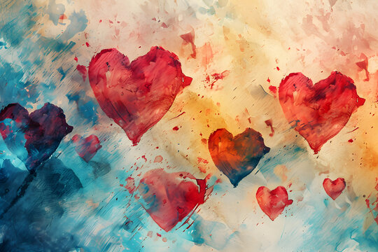 Watercolor-style background with hearts on a canvas, creating a soft and artistic touch