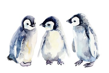 Fototapeta premium Simple watercolor sketch minimalist flat style of cute cartoon baby penguins, a print for nursery room, duotone with pastel colors and a white background