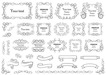 Set of vector graphic elements for design. Decorative swirls or scrolls, vintage frames , flourishes, labels and dividers. Retro vector illustration