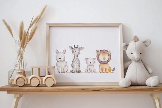 Picture frame with a simple watercolor sketch minimalist flat style of cute cartoon baby animals, a print, decoration inspiration for nursery room, duotone with pastel colors and a white background