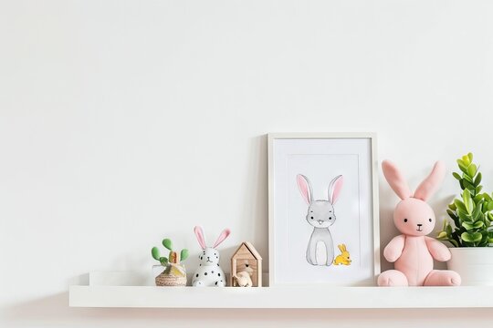 Picture frame with a simple watercolor sketch minimalist flat style of cute cartoon baby animals, a print, decoration inspiration for nursery room, duotone with pastel colors and a white background