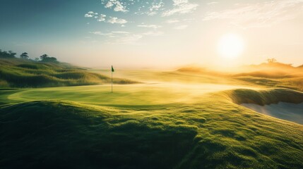 Serenity at Sunrise: A Misty Golf Course Awakening - obrazy, fototapety, plakaty