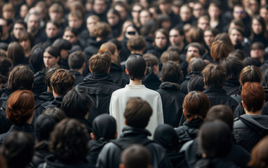 Obraz premium A person dressed in white stands out in a crowd of people dressed in black. Concept of distinction and breaking the mold