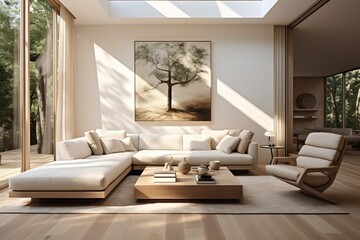 Living room with bright walls and flooring. The space with furniture featuring minimalist, geometric designs
