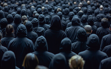 A mass of people dressed in black, indistinguishable, seen from behind. Concept of homologation and unique thought