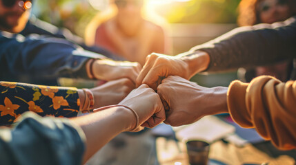 Fototapeta premium A team of professionals in a meeting showing unity by joining fists together in a circle, symbolizing collaboration and mutual support in a business or work environment.