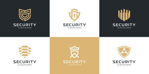 Set of Shield logo design. Golden logo for security, protection, safety vector illustration