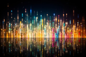 Blurred bokeh effect with glowing tech symbols and futuristic visuals in bright colors