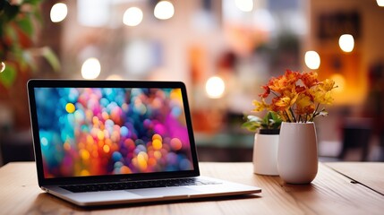 Sleek modern laptop resting on desk with vibrant bokeh background and abstract shapes and colors