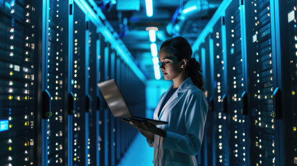 Focused IT professional using a laptop while standing in a server room with racks of network equipment illuminated by blue lights