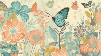 Fototapeta na wymiar Flowers and Butterflies Pattern