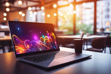 Sleek laptop with blurred bokeh effect on desk, vibrant abstract background with colorful lights