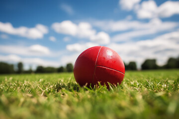 Close up, eye level view of a kickball in a grassy field
