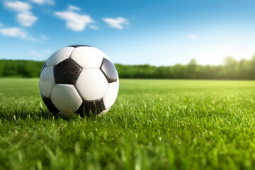 Close up, eye level view of a soccer ball in a grassy field