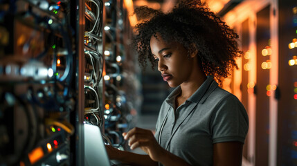 Focused IT professional using a laptop while standing in a server room with racks of network equipment illuminated by blue lights