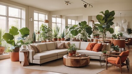 a living room filled with furniture and a plant