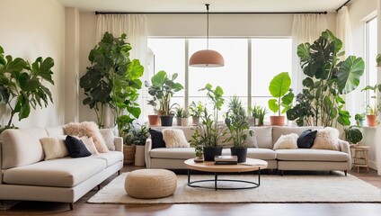 a living room filled with furniture and a plant - obrazy, fototapety, plakaty