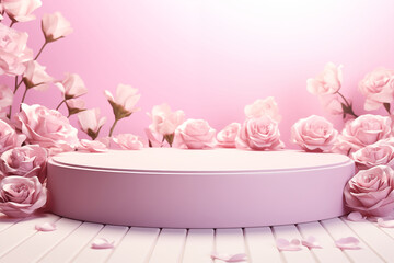 Fototapeta na wymiar Podium background flower rose product pink 3d spring table beauty stand display nature white. Garden rose floral summer background podium cosmetic valentine easter field scene gift purple