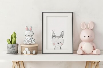Picture frame with a simple watercolor sketch minimalist flat style of cute cartoon baby animals, a print, decoration inspiration for nursery room, duotone with pastel colors and a white background - obrazy, fototapety, plakaty