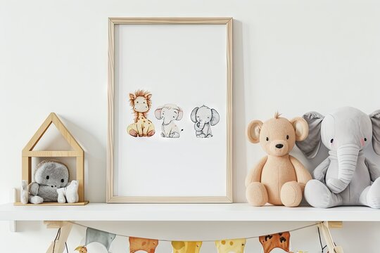 Picture frame with a simple watercolor sketch minimalist flat style of cute cartoon baby animals, a print, decoration inspiration for nursery room, duotone with pastel colors and a white background