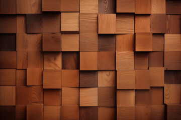 Abstract block stack wooden 3d cubes on the wall for background banner panorama. Brown wood texture for backdrop or wallpaper