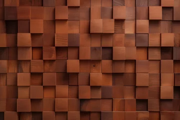 Tuinposter Abstract block stack wooden 3d cubes on the wall for background banner panorama. Brown wood texture for backdrop or wallpaper © ERiK