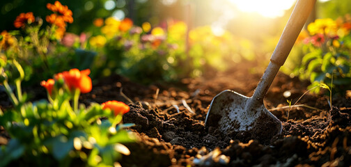 preparing soil for planting garden plants. closeup of spade in flower bed on sunny summer evening. gardening and horticulture background. banner with copy space