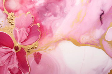 Abstract marble marbled stone ink liquid fluid painted painting texture luxury background banner - Pink petals, blossom flower swirls gold painted