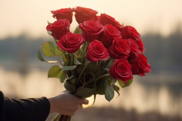 The bouquet of red rose hold in hand