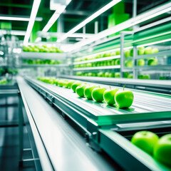 Fototapeta premium Green apples on conveyor belt in modern factory. Conveyor belt with green apples on conveyor belt in warehouse. Fruits on conveyor belt in modern factory.