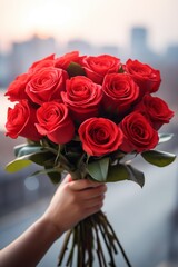 A bouquet of red roses hold in hand