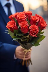  A bouquet of red roses in a man hand
