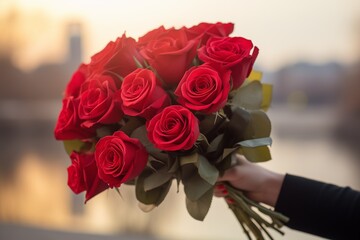 A bouquet of red roses hold in hand