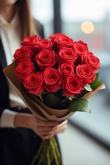  A bouquet of red roses in woman hand