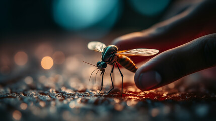 Man's hand clutching a smartphone with a picture of a doctor on it. Online consultation, cutting-edge tele medicine and medical technologies Close-up view of a mosquito on a blue background  - obrazy, fototapety, plakaty