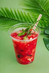 Refreshing watermelon cocktail. Traditional summer drink. Trendy Savannah green background
