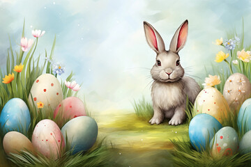 Easter holiday celebration banner greeting card - Painted easter eggs and easter bunny rabbit on green fresh meadow with grasses and spring flowers