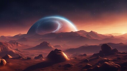 sunrise over the desert 15  near black hole, Alien planet landscape for space game background.  