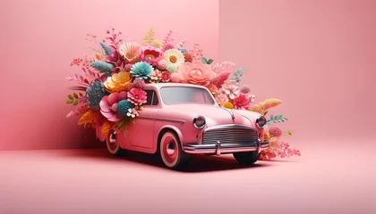 Foto auf Acrylglas Cartoon-Autos pink retro car with flowers