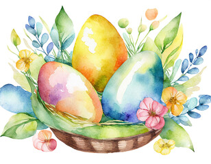 Easter eggs with flowers in a basket. Watercolor design. 